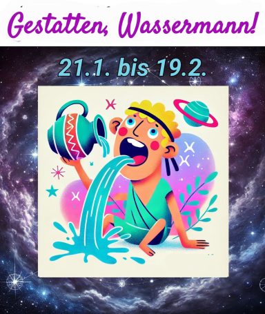 Wassermann Bunt illustrierte Figur des Wassermanns, der Wasser aus einer Kanne gießen.